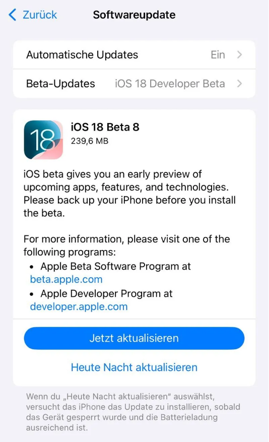 杨市办事处苹果手机维修分享苹果 iOS / iPadOS 18 开发者预览版 Beta 8 发布 